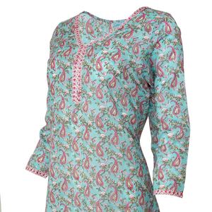 SALE <b>Long</b> KURTA <b>TOP</b> All Sizes Style 2 Turquoise Blue with Pink Paisley 100% Lightweight V-neck <b>Top</b> For <b>Women</b> - Product Image 3