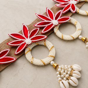 Handmade Red Floral Door Toran Burlap Pearl Shell Tassel Hanging Diwali Puja <b>Wedding</b> Entrance Home Decor Gift Traditional - Product Image 4
