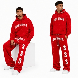 Heavy Weight Cotton Fleece <b>Drop</b> Shoulder Oversize Baggy Hoodie and Sweatpants Tracksuit for Men Rhinestone Gothic Hoodie Jogger - Product Image 3