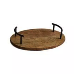 Plateau de service en bois à poignée métallique pour aliments et fruits, plateau de service alimentaire en bois, plateaux de service ronds en bois pour mariage - Product Image 1