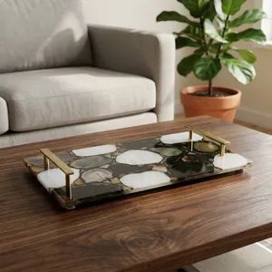 Luxury <b>Black</b> Agate Stone Serving Tray with Gold Metal Handles Handmade Rectangular Decorative Kitchen Coffee Table Home Display - Product Image 6