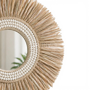 Sunburst Raffia Grass & Sea Shell Frame Wall <b>Mirror</b>, Boho Statement <b>Mirror</b>, Wall <b>Hanging</b> Decoration Ornament - Product Image 3