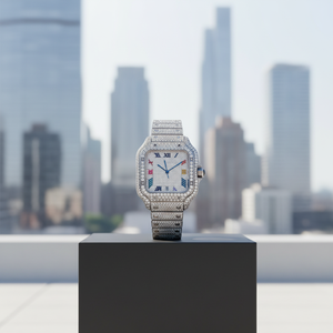 Montre de luxe avec boîtier carré de 41 mm, affichage analogique-numérique, mouvement à quartz ETA, cadran en verre saphir, bracelet en acier inoxydable et moissanite - Product Image 1