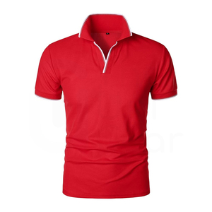 Polo Rojo de Manga Corta para Hombre, Color Sólido, Tejido de Punto, Estilo Casual con Ribete Blanco en el Cuello y los Puños - Product Image 6