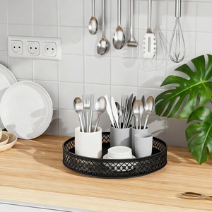 Bandeja Decorativa Redonda de Metal con Diseño Geométrico para Decoración Minimalista del Hogar, Encimeras y Armarios, Hecha a Mano en India - Product Image 3