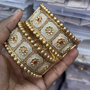 Gold Plated Pota Stone and Meenakari Openable <b>Bangles</b> Set <b>Fine</b> Jewelry Collection - Product Image 1