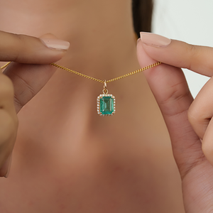 Customized High Quality K14 Yellow Gold Zambian <b>Emerald</b> & Diamond Small Halo <b>Pendant</b> Best Selling Bulk Jewelry Manufacturer - Product Image 4