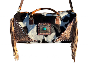 Genuine Turquoise Stone Cowhide Leather Women's Duffel <b>Bag</b> <b>Boho</b> Western Vintage Zip Closure Nylon Lining Tassel - Product Image 2