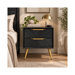 GALAXY Collection Custom Wooden <b>Bedside</b> Table 2 <b>Drawers</b> Black Nightstand With Gold Handles Modern Bedroom <b>Cabinet</b> - Product Image 1