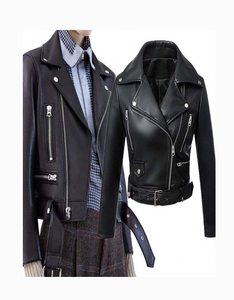 Women's Black PU Leather Woven Outdoor Moto Jacket Full Sleeve <b>Zipper</b> Closure Turn-down Collar Autumn Style - Product Image 5