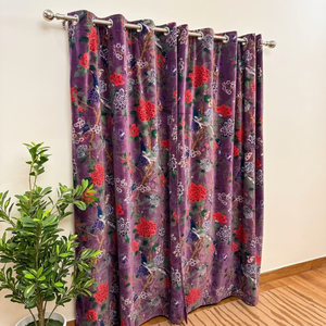 Rideaux en velours à imprimé oiseaux violet foncé |   Rideaux de fenêtre en velours de coton imprimés à l'écran |   Panneaux floraux de luxe pour la décoration de chambre à coucher - Product Image 2