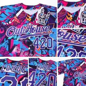 Maillot de softball pour femme, motif graffiti personnalisé, violet et blanc, respirant, anti-humidité, vêtements de sport professionnels pour équipe - Product Image 5