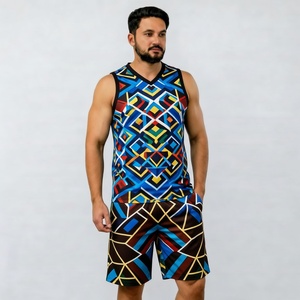 Conjunto de camiseta sin mangas y pantalones cortos con estampado geométrico para hombre, cuello en V, de poliéster tejido de secado rápido, atuendo informal de verano - Product Image 1