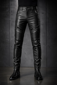 Pantalon de motard en cuir véritable noir pour homme, coupe slim, coupe-vent, anti-UV, option grande taille - Product Image 2
