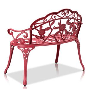 Outdoor Cast Aluminum Rose Pattern Red Patio Bench with Curved Legs for Porch or Deck - Product Image 1
