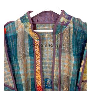 Chaqueta de fiesta india acolchada a mano para mujer, 100% algodón Kantha, con cuello mandarín y estampado Kantha a mano, para todas las estaciones, con ribetes. - Product Image 5
