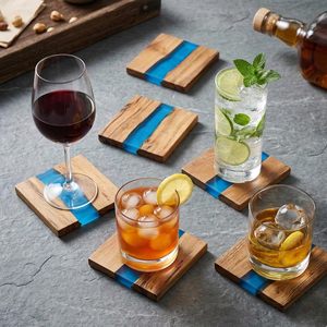 Premium Luxury Square Wooden <b>Coasters</b> with Blue River Resin Design Eco-Friendly <b>Drink</b> <b>Coasters</b> for Tea Coffee & Glass - Product Image 1