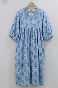 Vestido Midi Formal de Oficina para Mujer, Hecho a Mano, con Estampado Floral, Cuello en V, Mangas Abullonadas, Corte en A, 100% Algodón, Natural y Transpirable - Product Image 2