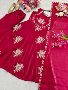 Robe Anarkali brodée marron, longue jusqu'au sol, avec dupatta, tenue traditionnelle indienne et pakistanaise pour femmes - Product Image 5