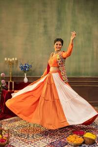 Orange White Traditional Indian Rayon <b>Lehenga</b> Set Embroidered Blouse Koti Wedding Occasion <b>Women</b> Floor-Length Sun Protection - Product Image 2