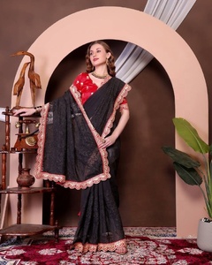 Saree DE TRABAJO Bordado de hilo Zari de terciopelo de diseñador con blusa sin costuras ropa negra india y paquistaní - Product Image 1