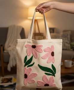 Sac fourre-tout en toile de coton vert foncé avec broderie chenille « Lemon Squeeze », sac à main réutilisable pour courses, pochette d'épaule au design unique - Product Image 5