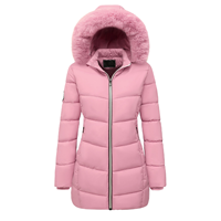 Manteau d'hiver long matelassé pour femme avec capuche en fourrure, fermeture éclair, manches longues, rembourrage épais en polyester, couleur unie