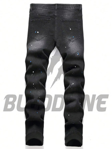 Jean en denim noir déchiré et vieilli pour homme, coupe droite, style streetwear, taille mi-haute, en coton, idéal pour l'automne - Product Image 3
