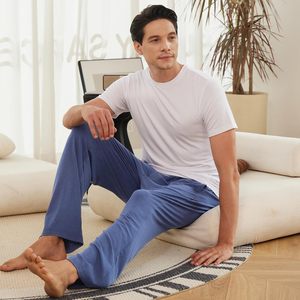 Custom <b>Men's</b> Spandex/Cotton Knitted Summer <b>Pajama</b> <b>Set</b> Breathable Eco-Friendly Long Sleeve T-Shirt & Shorts Homewear - Product Image 2