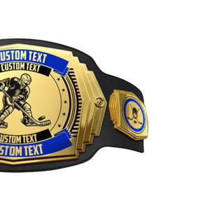Ceinture de champion de hockey en cuir noir avec plaque dorée et accents bleus pour récompenses personnalisées - Product Image 4