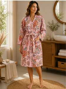 Floral Print Vintage Sexy Soft Women's 100% Cotton <b>Waffle</b> Texture Kimono <b>Bathrobe</b> Full Length Drawstring Cinched Waist Lounge - Product Image 2
