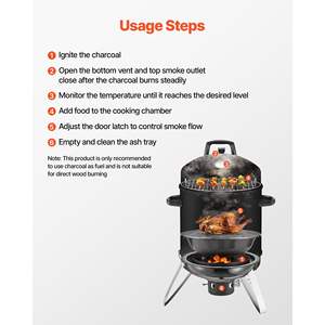 16\" Vertical Charcoal Smoker Coated Steel <b>BBQ</b> Grill 2 Grilling Grates Air Vents Removable Ash <b>Tray</b> for Backyard Patio Parties - Product Image 6