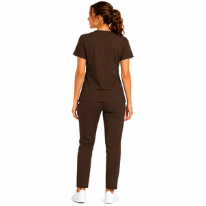 Brown Women's <b>Scrub</b> <b>Set</b> With Pockets Elastic Waist Mid Rise Casual Fit Breathable Polyester Pants And Top Spring Wear - Product Image 6