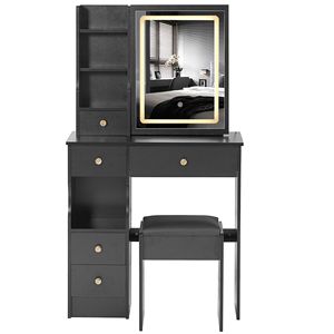 Tavolo da Trucco da Scrivania Compatto con Cassetto Sinistro, Sgabello Imbottito, Specchio LED Scorrevole con Controllo Touch e Cambio Colore a Tre Tonalità - Product Image 6
