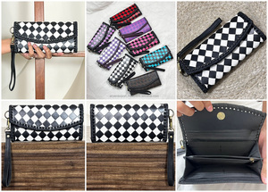 Premium Quality Black & White Checkered Wallet Trendy New Women's Hand <b>Tooled</b> Cow <b>Leather</b> Card Holder Clutch With Hand Wristlet - Product Image 3