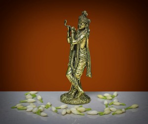 Statue de Lord Krishna en laiton, faite à la main, idole religieuse hindoue, figurine traditionnelle, décoration de table, objet décoratif - Product Image 4