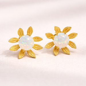 Fashion Sunflower <b>Opal</b> <b>Stud</b> <b>Earrings</b> 925 Sterling Silver Gold Plated Bezel Setting Cabochon Synthetic <b>Opal</b> Wedding Luxury - Product Image 1