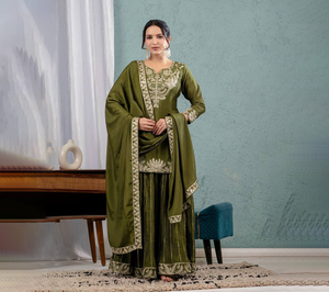 Conjunto de Palazzo Slim Fit de Georgette Sintético con Bordado Pesado Indio, con Parte Inferior Kediya y Dupatta con Trabajo de Espejos Auténticos, para Fiesta Étnica - Product Image 1