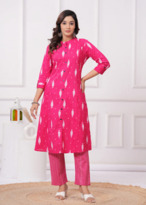 Women Pink Printed A-<b>Line</b> Cotton Kurti Set with <b>Pants</b>, V-Neck 3/4 Sleeve Ethnic Wear Casual Daily Wear Kurta Set for Women - Product Image 2
