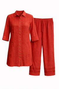 Women's Viscose Embroidered Collar Cord Set Two Pieces Casual Shirt Top and <b>Pants</b> Manufacturer - Product Image 2