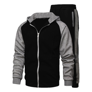 Ensemble de survêtement décontracté pour homme, noir et gris, à capuche, manches longues, fermeture éclair, couleur unie, respirant, coupe régulière, idéal pour l'automne - Product Image 1