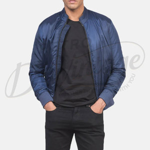 <b>Men</b> Navy Blue Satin Bomber <b>Jacket</b> Lightweight <b>Flight</b> <b>Jacket</b> with Ribbed Trim and Zippered Front Casual Outerwear - Product Image 1