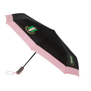 AKA Automatic Mini Hurricane <b>Umbrella</b> <b>Windproof</b> Folding Travel <b>Umbrella</b> Black Pink Embroidered Crest Compact Design - Product Image 1
