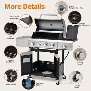 Grill a Gas in Acciaio Inossidabile a 4 Bruciatori con Fornello Laterale per BBQ di Lusso all'Aperto e Campeggio - Product Image 2