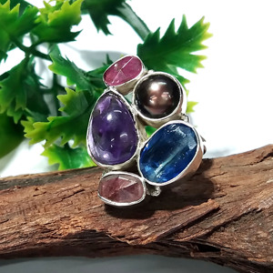 Bague Statement en Argent Sterling 925 avec Kyanite Bleue Naturelle, Améthyste, Tourmaline Rose et Pierres Précieuses Multiples, Bijou Fait Main Style Bohème - Product Image 6