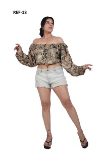Women's Polyester Printed Paisley Off Shoulder Crop <b>Top</b> Manufacturer - Product Image 3
