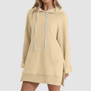 Robe à capuche pour femme, coupe ample, avec fente à l'ourlet, cordon de serrage, grande poche, pull à capuche de qualité professionnelle, longueur mi-longue, dernier design - Product Image 4