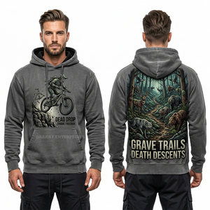 Sweat à capuche personnalisé rouge et noir à manches superposées pour homme, style streetwear, effet délavé, motif Zombie Construction Crew, en molleton de coton - Product Image 5