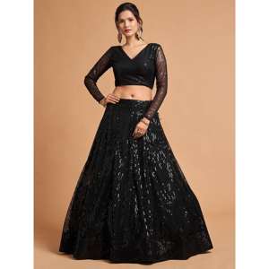 Lehenga choli เสื้อผ้าตาข่ายปักเลื่อมสีดำสุดพิเศษสำหรับปาร์ตี้ - Product Image 4