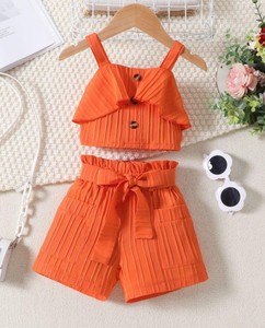 Autumn Girls Vintage Clothing Sets Kids <b>Clothes</b> Solid Colors Short Sleeve Tops+Shorts Button Fashion Girls Outfits - Product Image 6